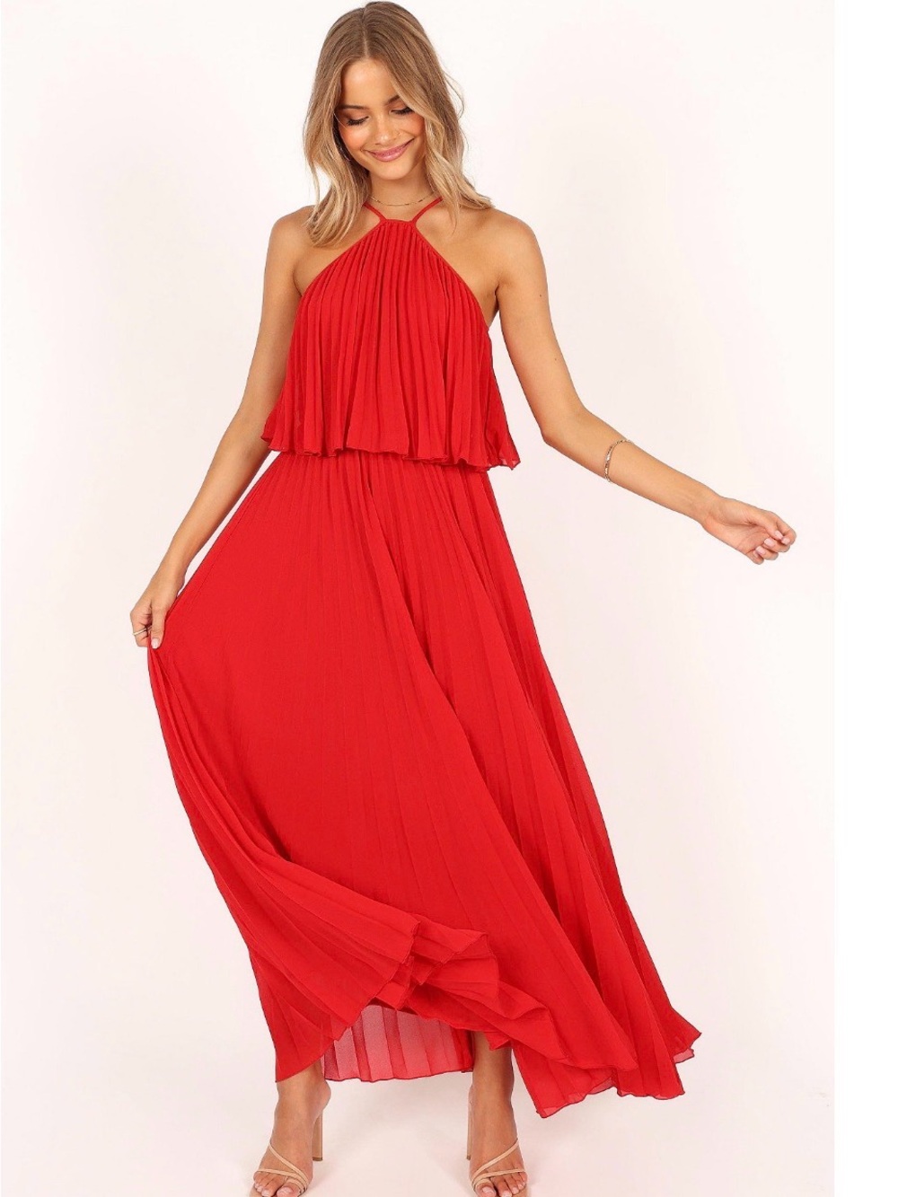 Petal & Pup Red Halter Pleated Maxi Dress with Flowing Skirt